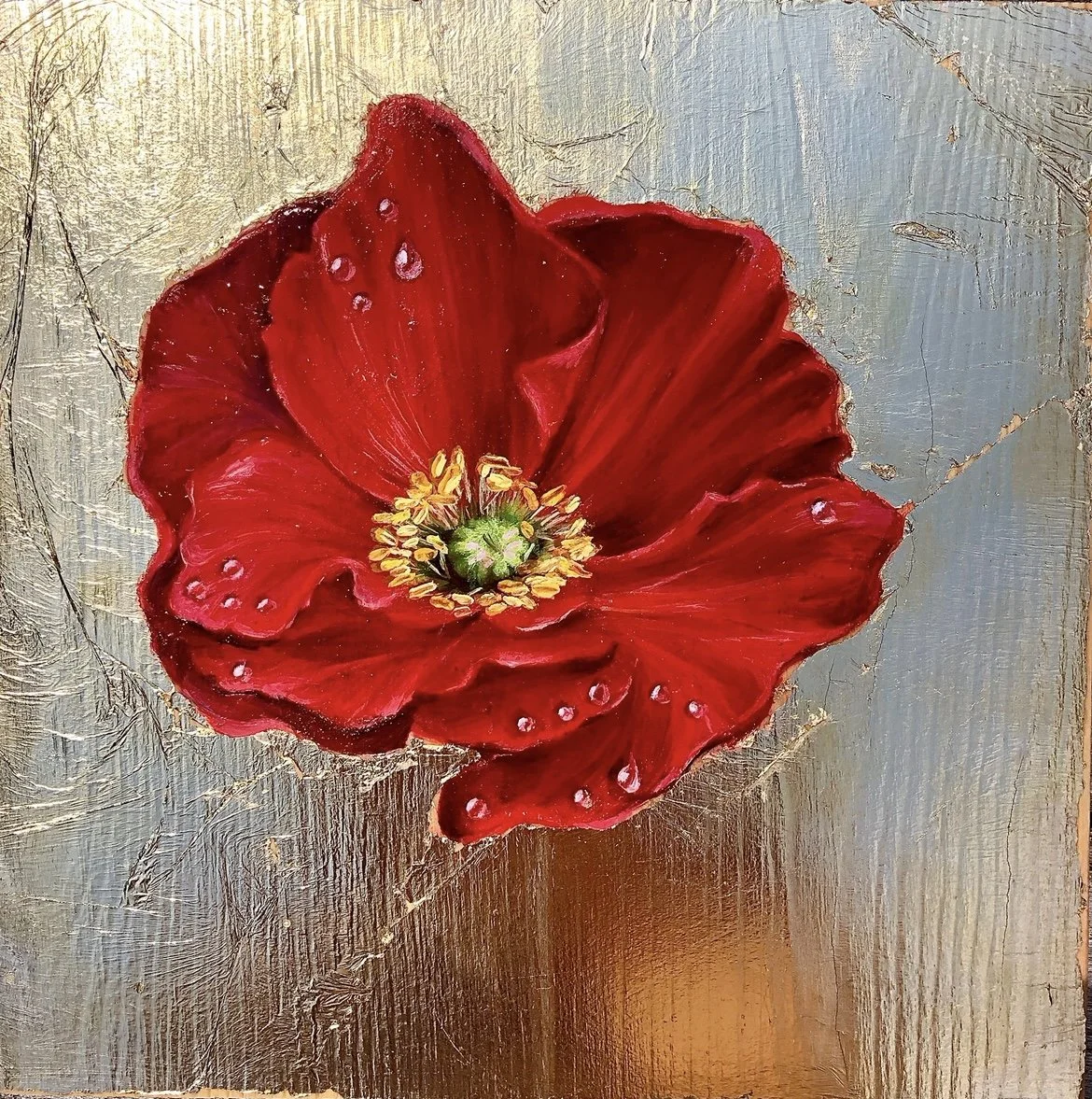 Realistic painting of a red poppy flower with water droplets on its petals on a textured background.