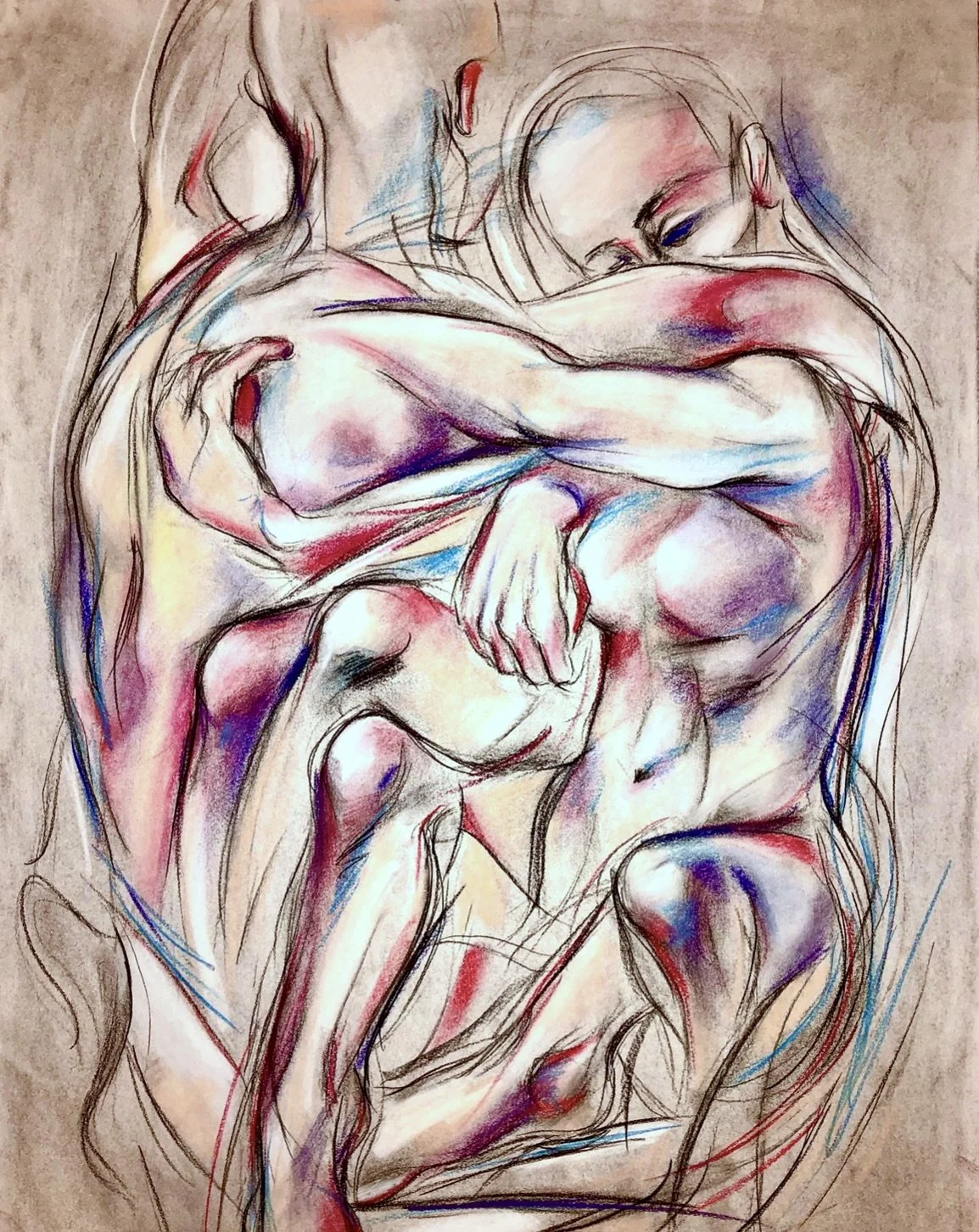 Pastel, charcoal, and pencil on paper, 

24 × 18 inches.

This drawing focuses on the emotional and structural possibilities of the human form through intersecting contours and chromatic shifts, merging line, color, and anatomy into a single rhythmic