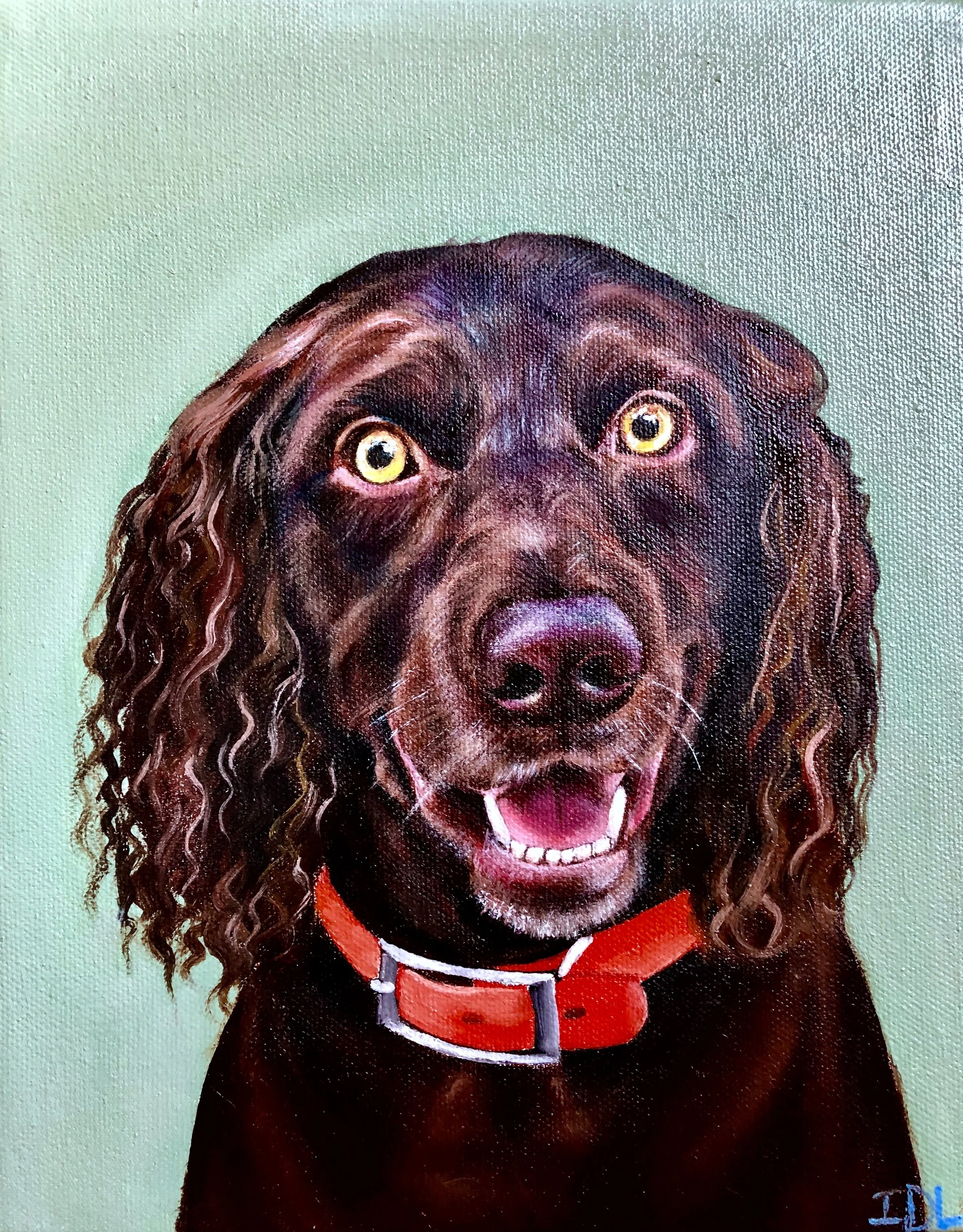A realistic painting of a brown dog with wavy ears and bright yellow eyes, wearing an orange collar, against a green textured background.