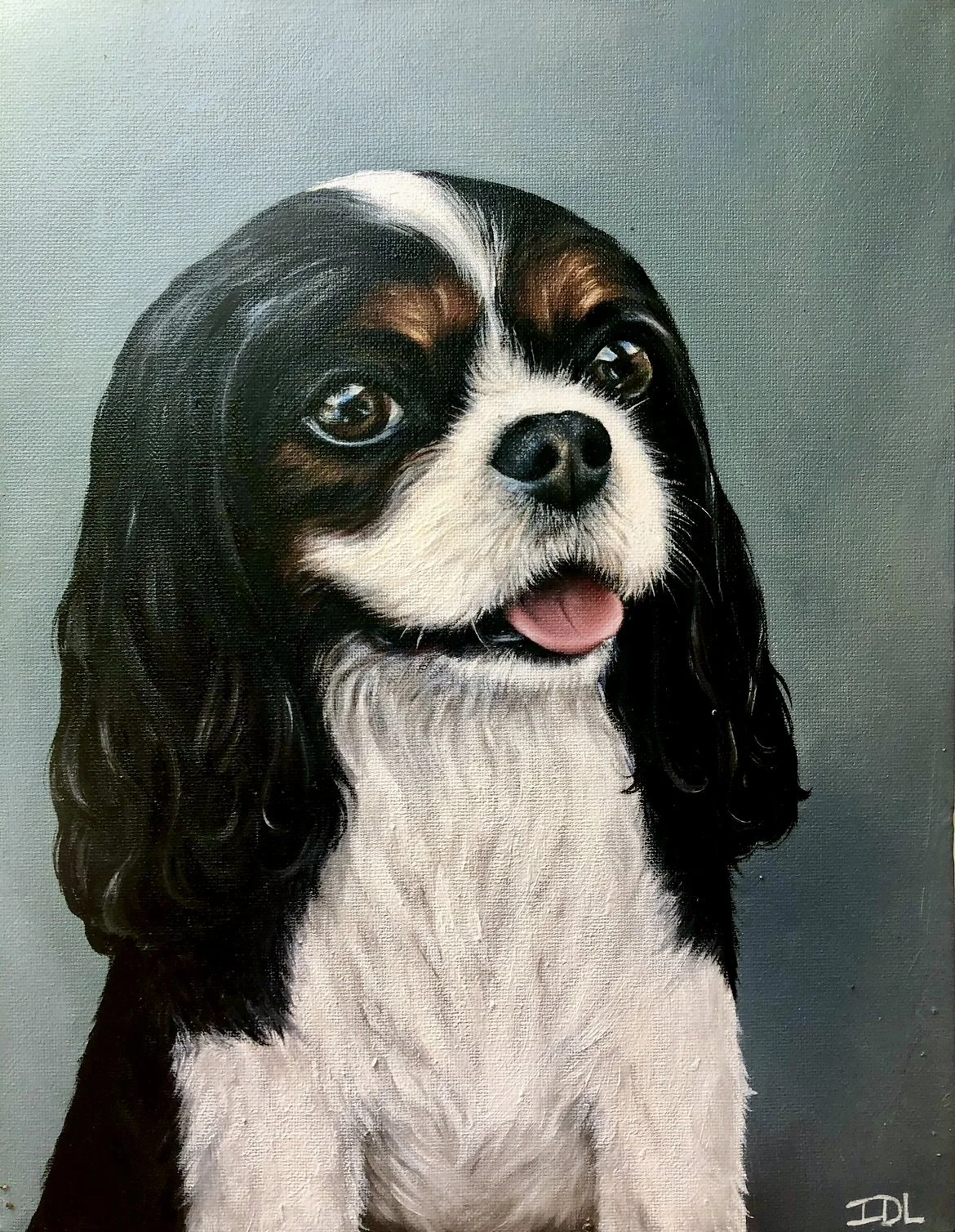 Painting of a Cavalier King Charles Spaniel dog with black, white, and brown fur, looking to the side with its tongue slightly out.