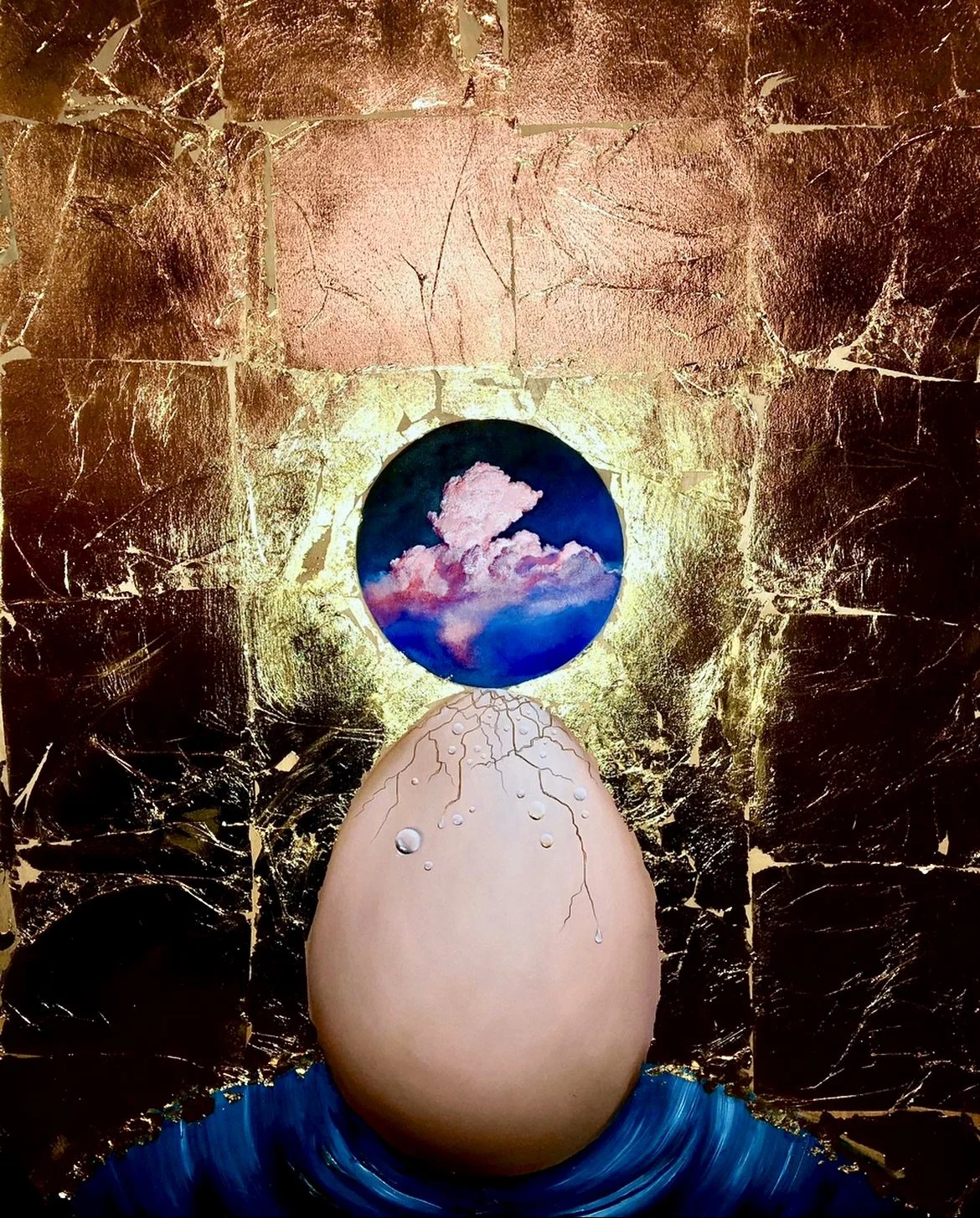A painting featuring a large beige egg with cracks and water droplets, a blue wave at the bottom, and a dark circle with pink clouds inside, all set against a textured golden background.