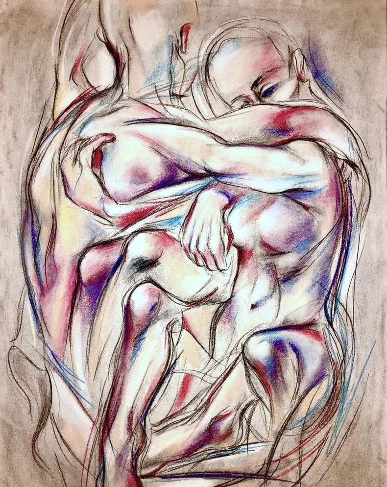 Colorful sketch of two embracing nude women, intertwined in an intimate pose, with expressive lines and shading.