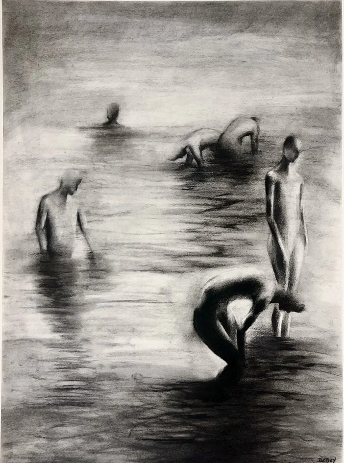 Charcoal on paper, 24 × 18 inches. This drawing presents a group of attenuated figures dispersed across a shallow body of water, their forms softened by reflection and atmospheric light. The figures appear to hover between solid presence and dissolut