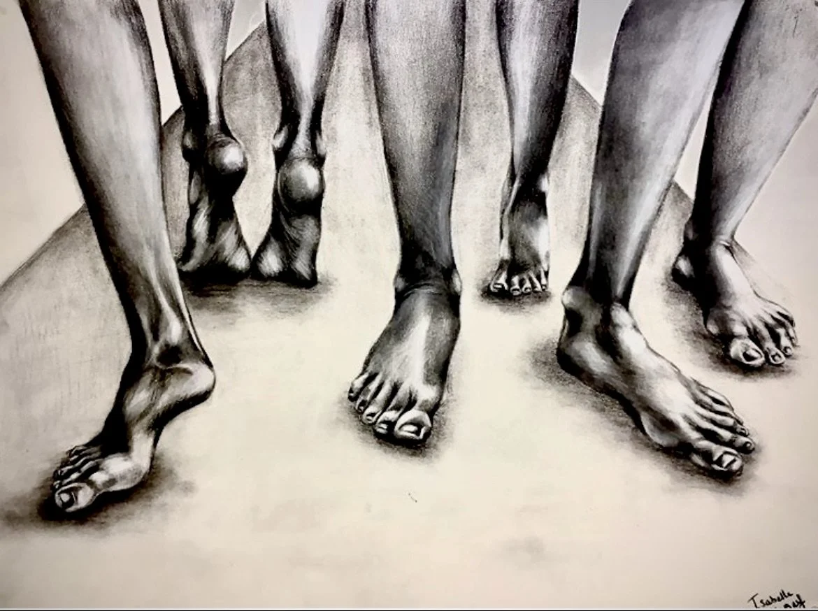Charcoal and pastel pencil on paper,

 36 × 24 inches.

This drawing studies the structure and rhythm of the human form through a close focus on seven feet in motion. By presenting an odd number of feet rather than full figures, the composition intro