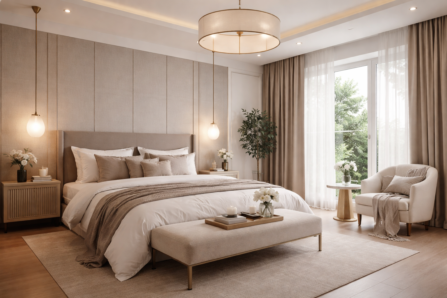 A stylish bedroom with a large bed, beige headboard, and neutral-colored bedding. There are side tables with flowers and candles, a white armchair with a pillow, a small round table with a flower vase, and large windows with sheer curtains allowing natural light.