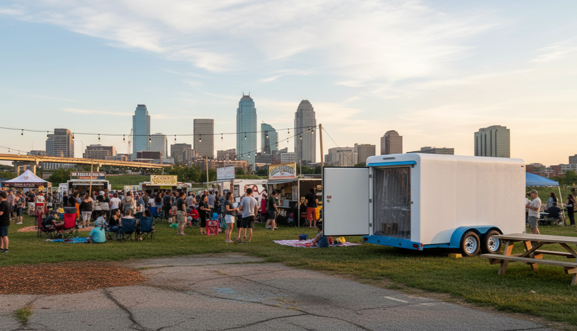 A long outdoor dining table set with plates, rust-colored cloth napkins, wine glasses, and floral arrangements in beige and white vases, under a canopy.