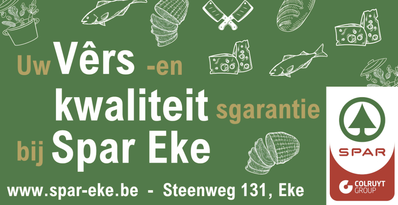 groene achtergrond waarop vlees, kaas en vis staat - in witte tekst staat daarvoor uw vers- en kwaliteitsgarantie bij Spar Eke
