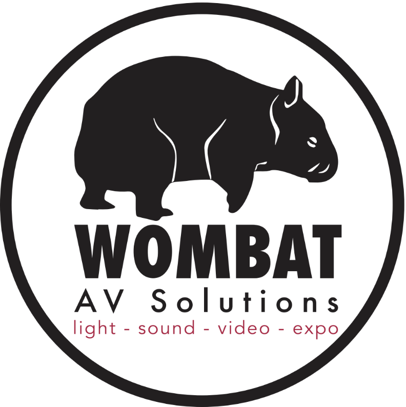 logo met tekening van Wombat en tekst Wombat Av Solutions light - sound - video - expo