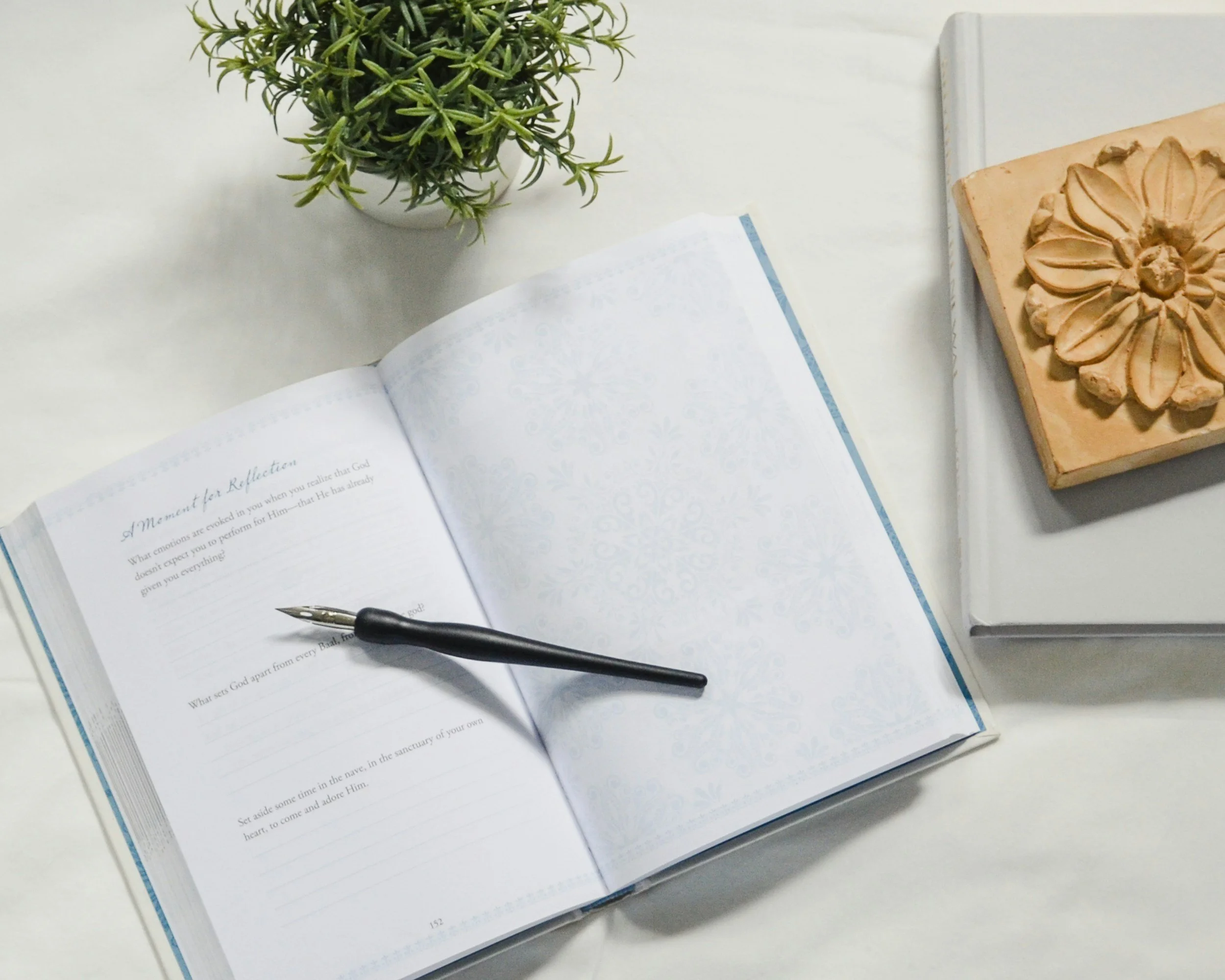 Open journal with a pen resting on it, a potted green plant, and stacked books on a white surface.
