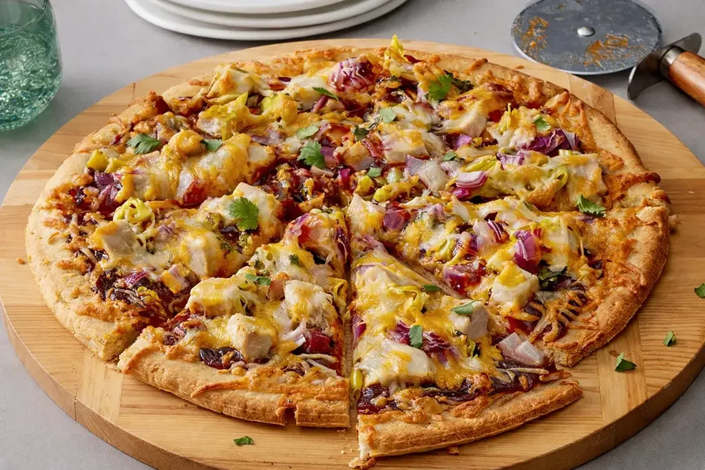 A pizza with cheese, red onions, green peppers, and cilantro on a wooden serving board.