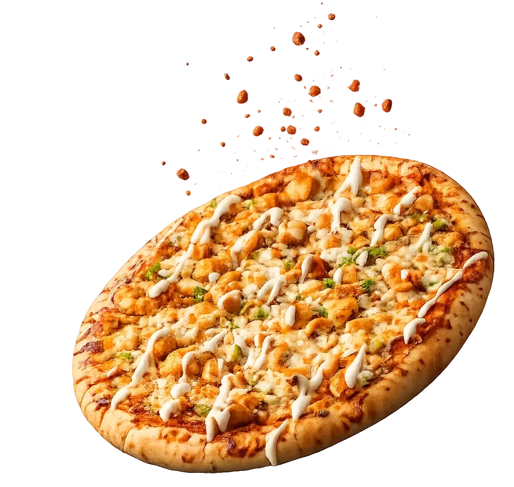 Pizza with chicken, green peppers, and drizzled white sauce on a cooked crust