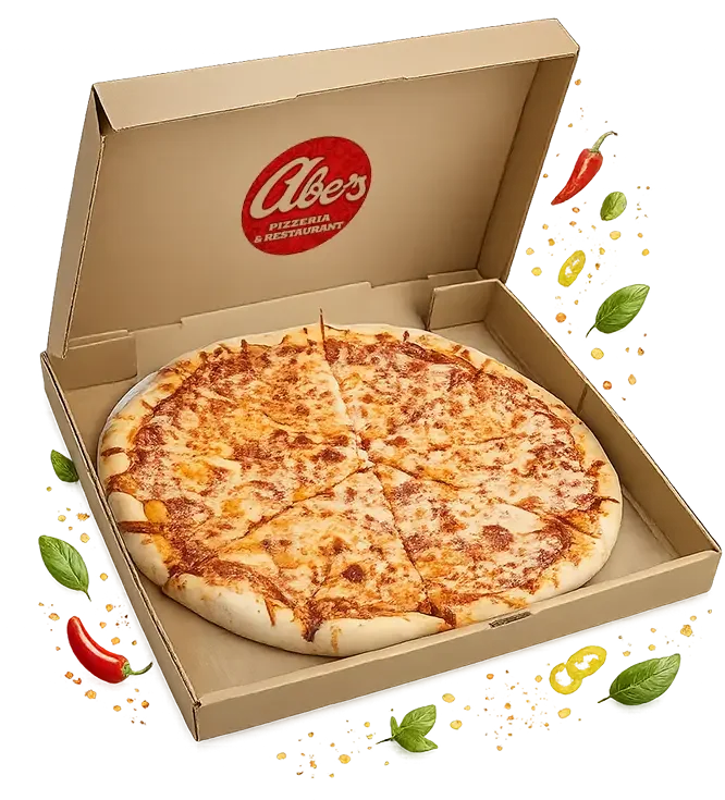 A cheese pizza in an open cardboard box with a red logo that says "Abe's Pizzeria & Restaurant" on the inside lid, surrounded by small illustrated chili peppers, basil leaves, and slices of lemon and yellow peppers.