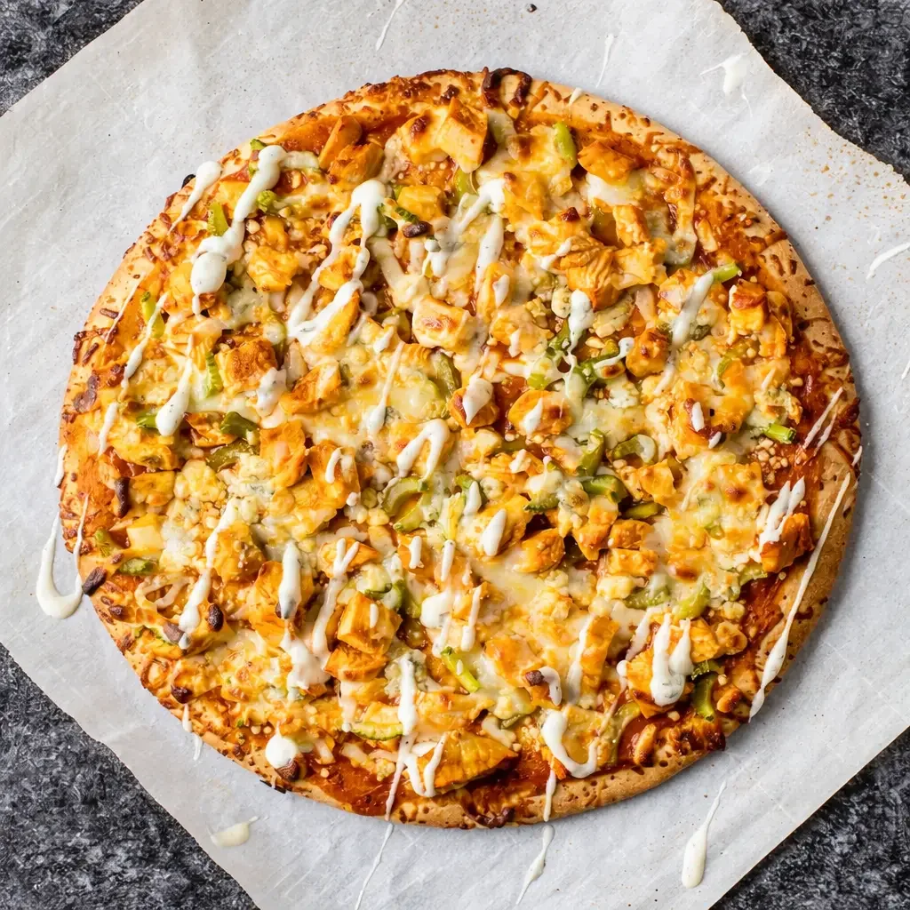 A whole pizza topped with chicken, chopped green peppers, cheese, and drizzled with white sauce, on a sheet of parchment paper.