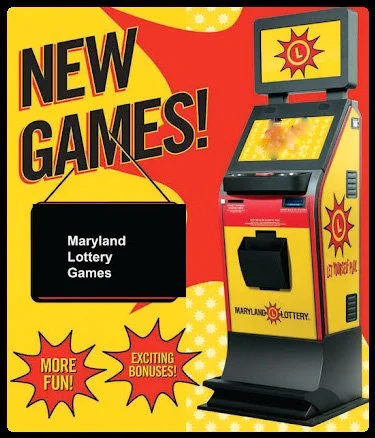 Advertisement for Maryland Lottery Games featuring a red and yellow arcade-style game machine with a screen, and text promoting new games with bonuses.