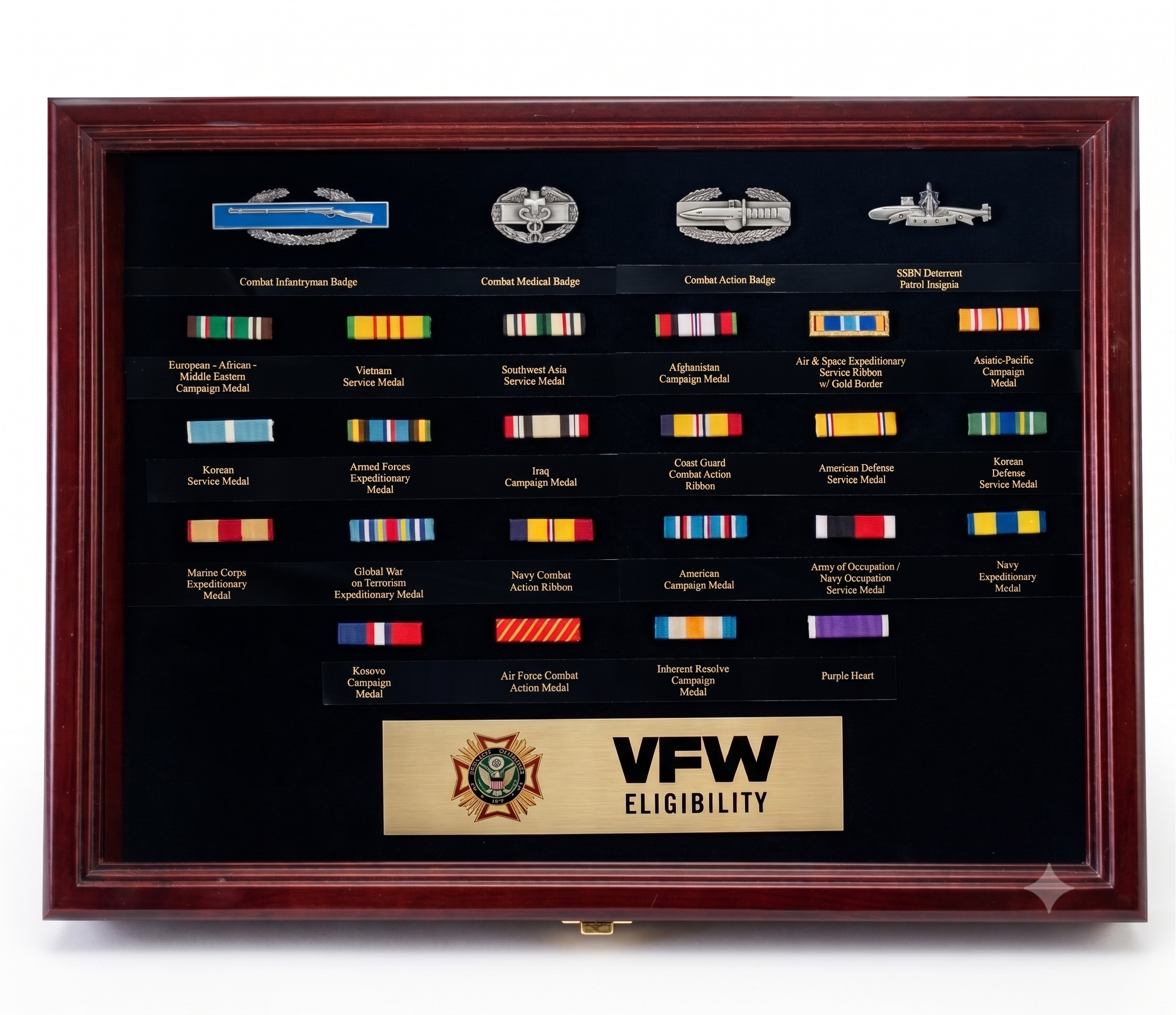 Display case with military medals, badges, and ribbons, including Combat Infantryman Badge, Combat Medical Badge, Combat Action Badge, and Patrol Insignia, arranged in rows with black labels and gold lettering.
