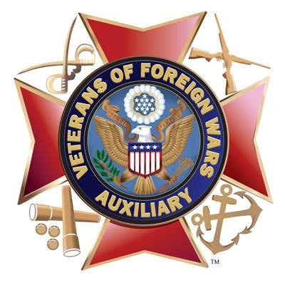 The emblem of the Veterans of Foreign Wars Auxiliary includes a red star with a blue circle in the center. The circle features an eagle with outstretched wings and a shield on its chest, holding an olive branch and arrows. Surrounding the eagle are the words "Veterans of Foreign Wars Auxiliary". The emblem is adorned with military symbols such as cannons, a rifle, a plane, and an anchor.