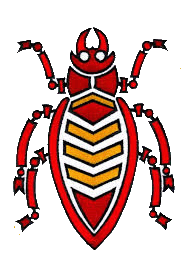 Illustration of a red and black stylized insect or beetle with symmetrical design, featuring prominent mandibles and a segmented body.