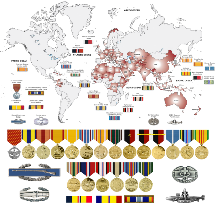 A world map showing different types of military medals and decorations with a focus on Europe, Africa, and Asia, illustrating various countries' military honors.