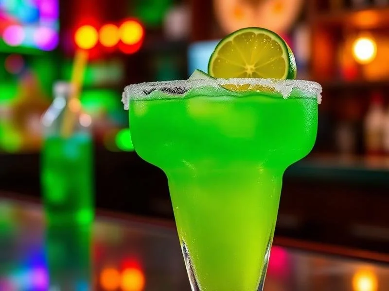 A bright green cocktail in a margarita glass garnished with a lime wedge, at a colorful bar setting.