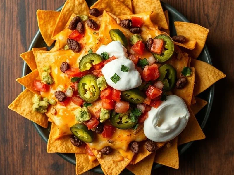 Nachos topped with melted cheese, sliced jalapeños, diced tomatoes, green onions, sour cream, guacamole, and black beans, served on a dark plate.
