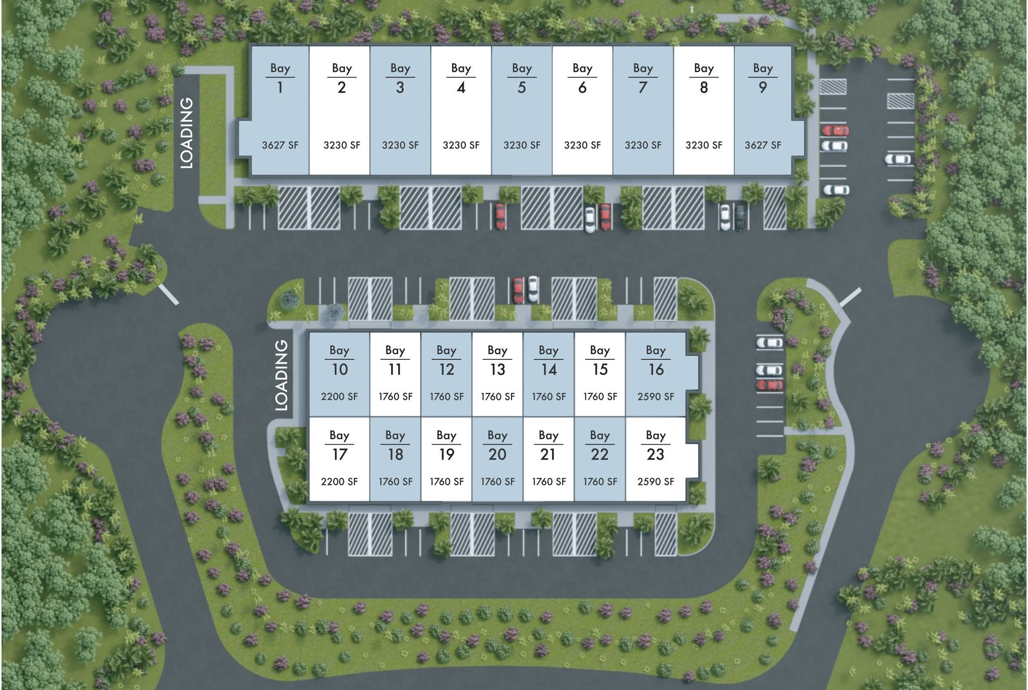 A layout plan of a residential complex with labeled bays, parking spaces, and green landscaping. Bays 1-9 are at the top, Bays 10-23 are in the middle and bottom. Parking areas are around the bays, with designated spaces and trees lining the roads.