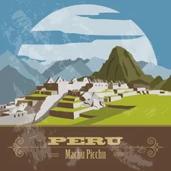 Illustration of Machu Picchu in Peru with mountains under a large moon or sun in the sky.