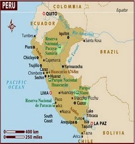 Map of Peru and neighboring countries showing regions, cities, national parks, and natural reserves.