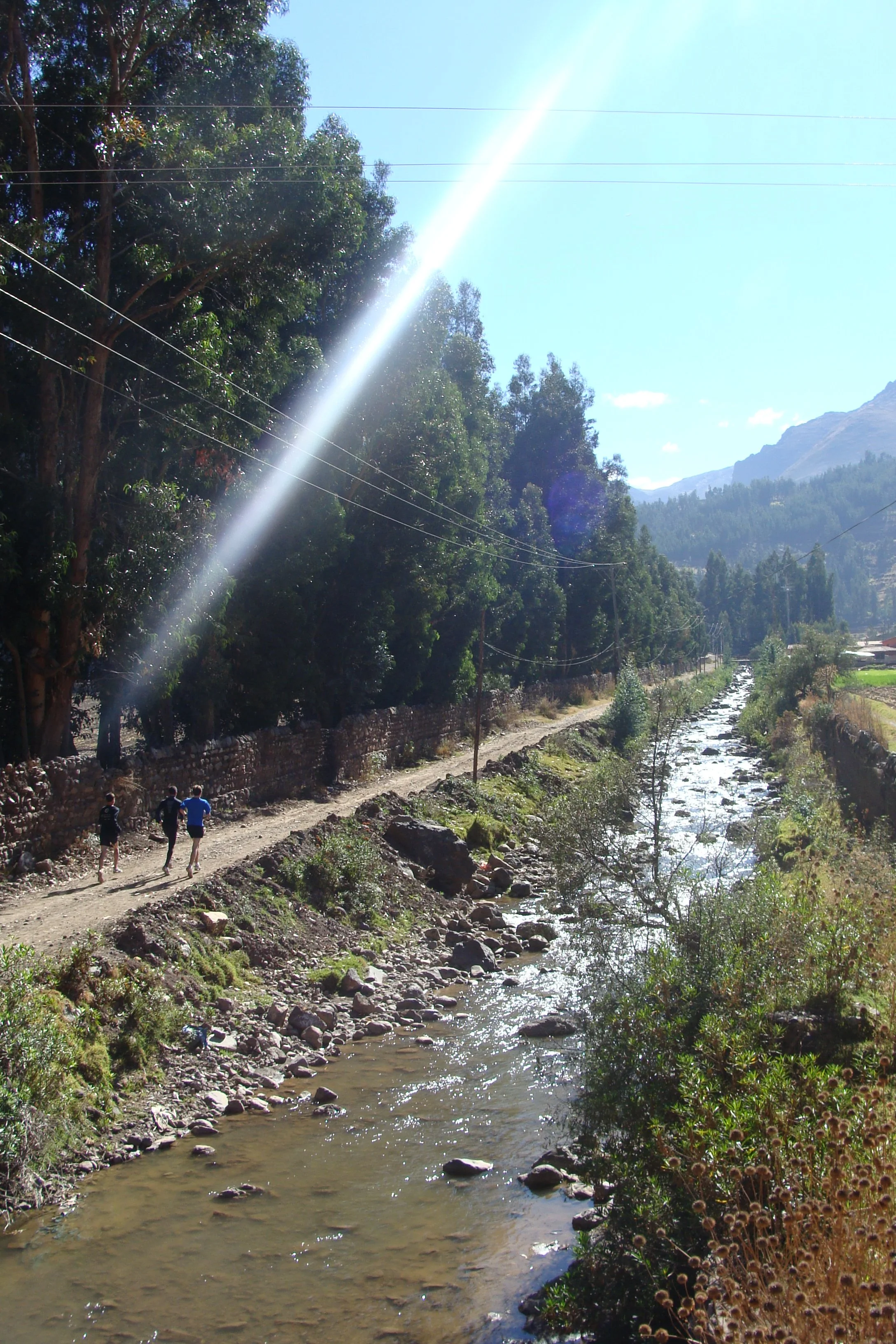 Three people walking along a dirt path next to a small creek, with large trees and mountains in the background, on a sunny day.
