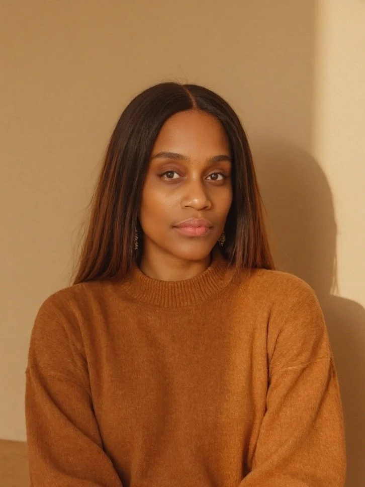 A young woman with long brown hair wearing a brown sweater against a beige background.