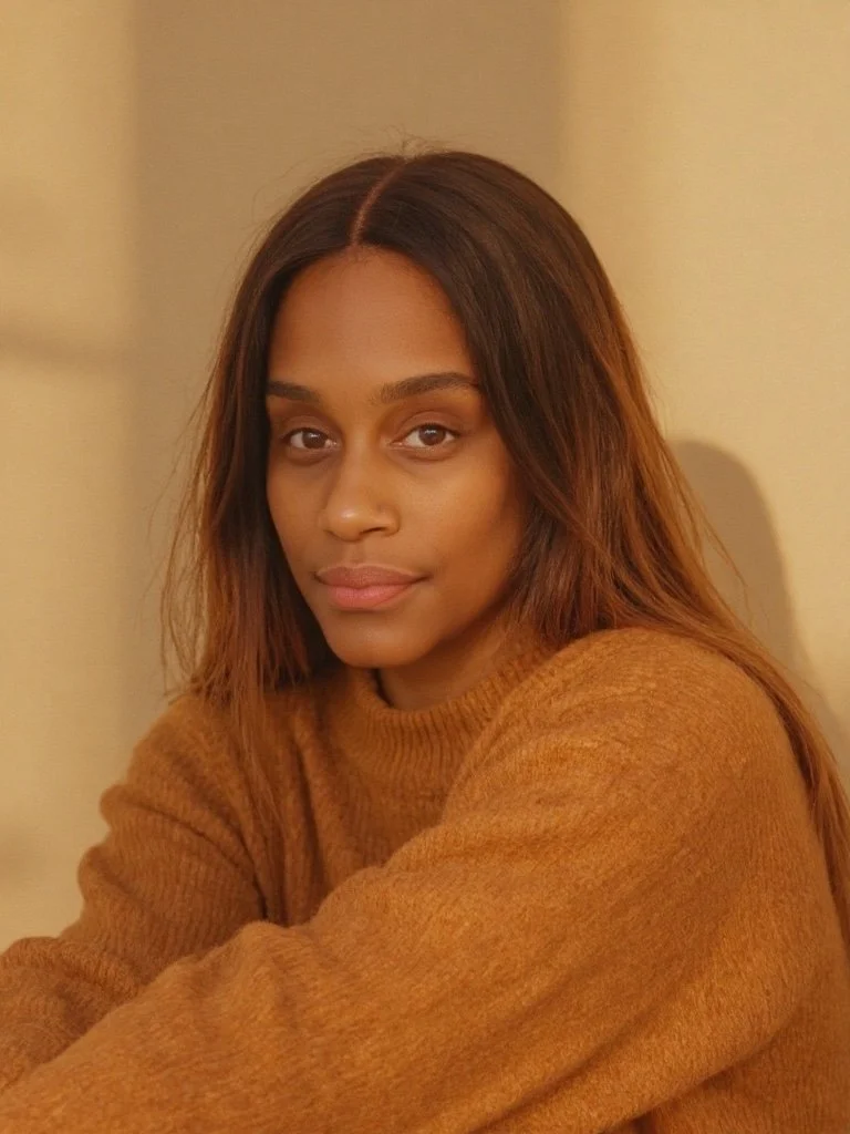 A woman with medium-length brown hair wearing a brown sweater, sitting against a cream-colored wall.