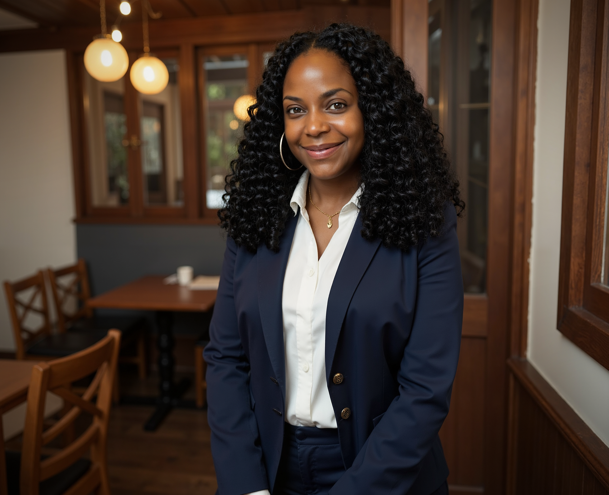 A professional woman with curly black hair, wearing a navy blazer and white shirt, smiling inside a warmly lit restaurant or cafe with wooden furniture and hanging lights.