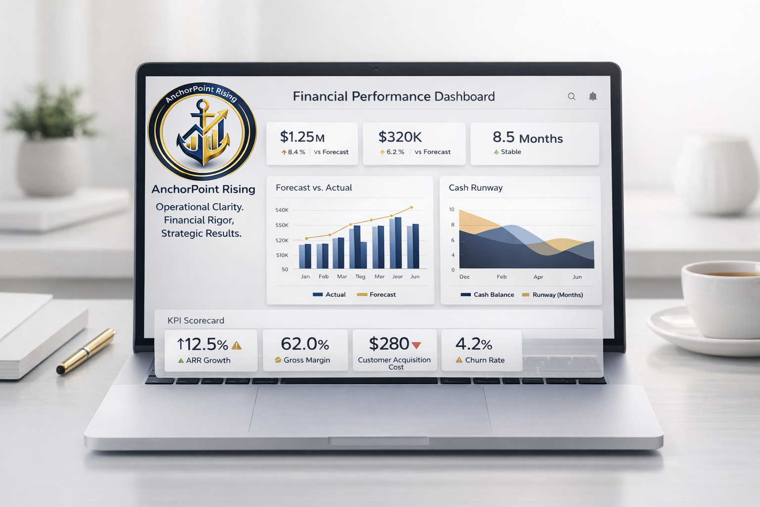 Laptop screen displaying a financial performance dashboard with charts, KPIs, and an AnchorPoint Rising logo on a white desk with a pen, notebook, and cups in the background.