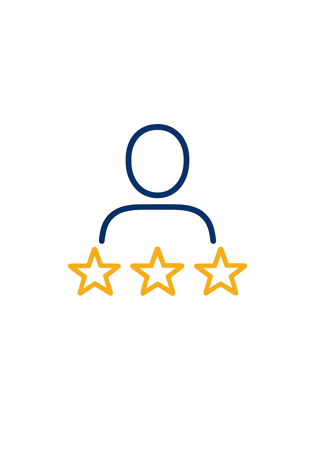 A digital illustration of a user profile with a placeholder avatar, three gold stars indicating a high rating, and background elements representing online reviews or ratings.