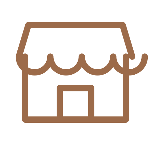 Icon of a small shop or storefront with a scalloped awning and a rectangular door.