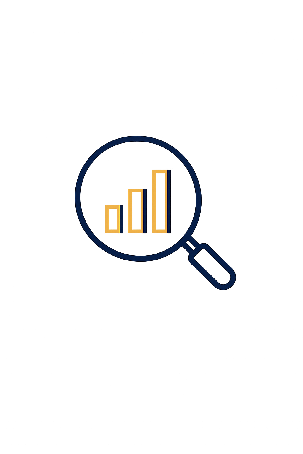 Illustration of a magnifying glass focused on a bar chart with three vertical bars increasing in height from left to right, color-coded in yellow and dark orange.