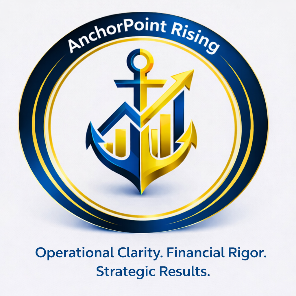 A circular logo with a gold and blue anchor at the center, combined with upward-trending arrows and bar graphs, surrounded by the text "AnchorPoint Rising." Below the logo, the text reads "Operational Clarity. Financial Rigor. Strategic Results."