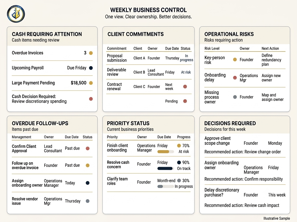A weekly business control dashboard with sections on cash requiring attention, client commitments, operational risks, overdue follow-ups, priority status, and decisions required. It includes lists of invoices, payroll, pending payments, client commitments, risk levels, overdue items, business priorities, and weekly decisions for management.