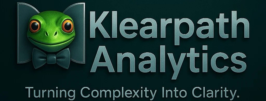 Logo of Klearpath Analytics featuring a green frog with big eyes wearing a black bowtie and tuxedo, with the tagline 'Turning Complexity Into Clarity.'