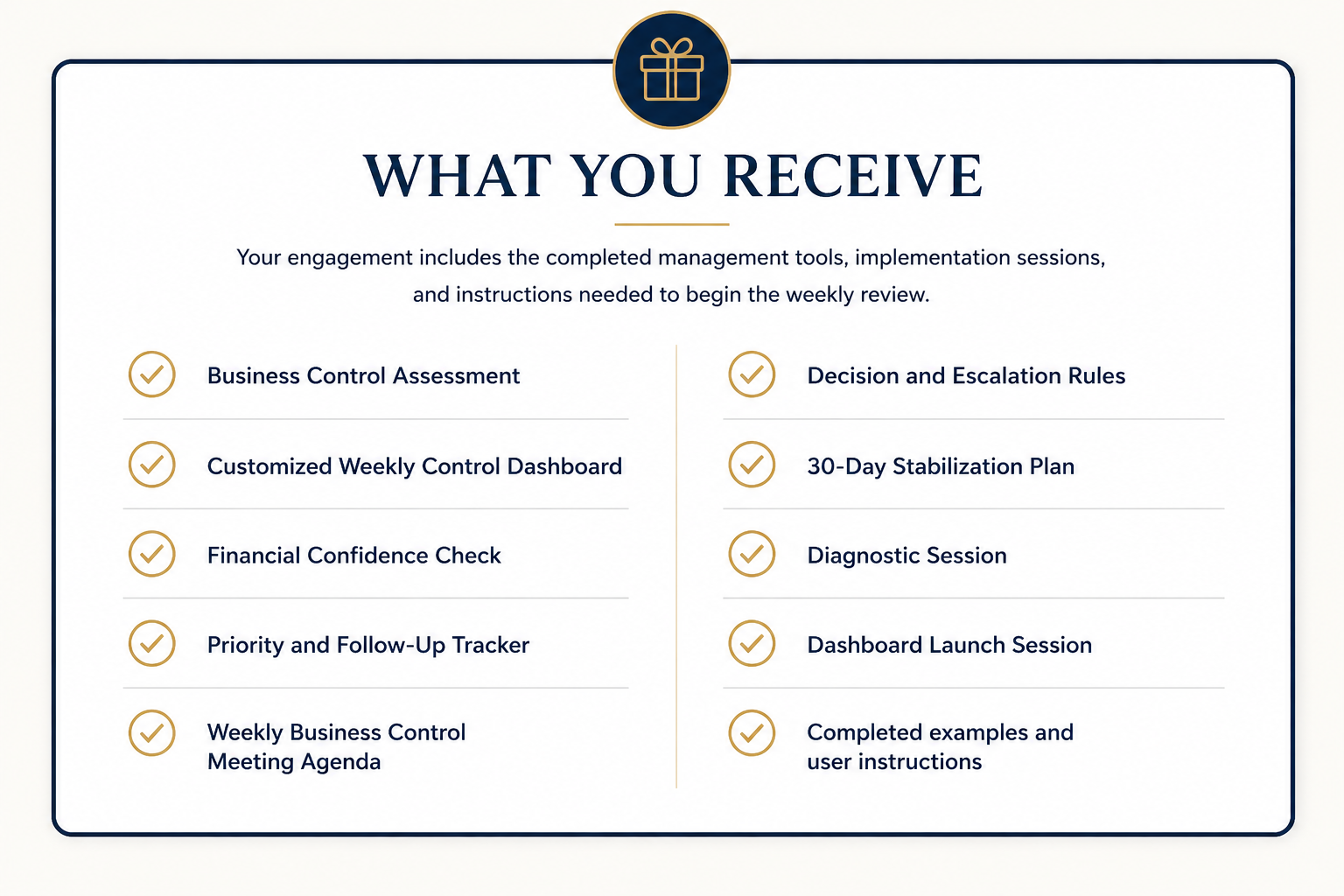 A list of items titled "What You Receive" including various management tools, dashboards, check, plans, sessions, and instructions, each with a gold checkmark icon next to them.