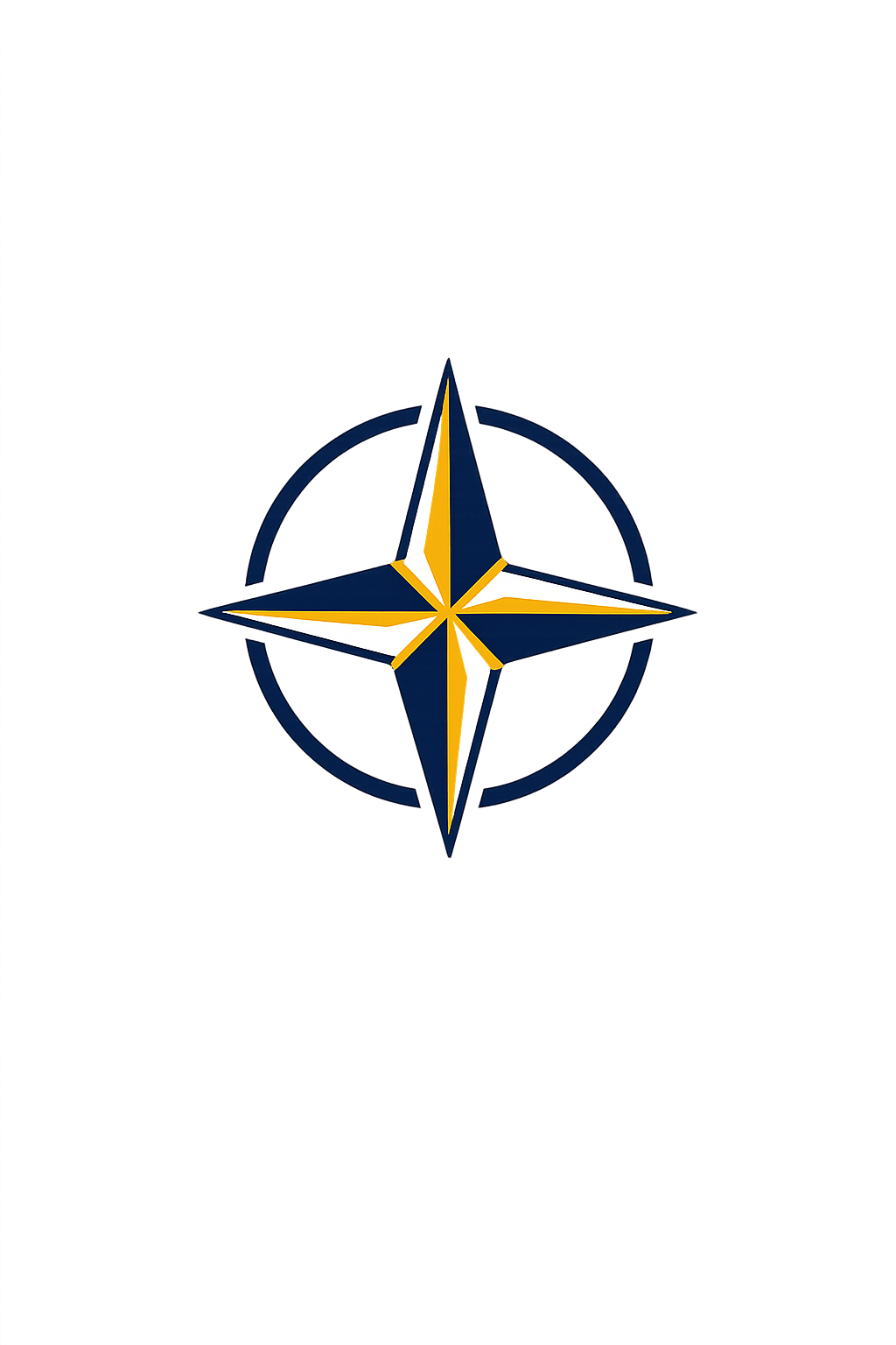 NATO emblem with a gold and blue compass star logo on a dark background with colorful light streaks.