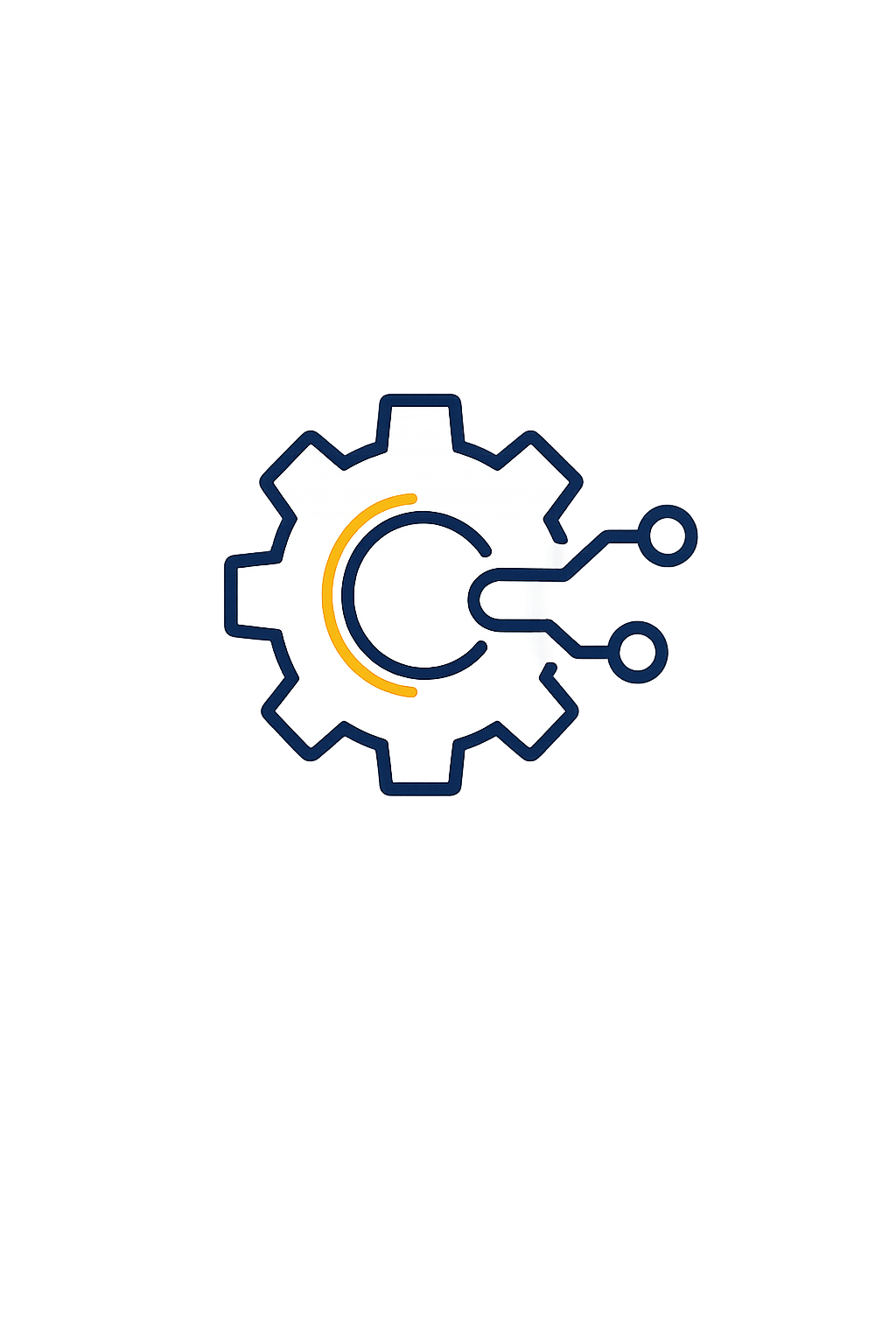A graphic combining a gear icon with a progress indicator and a circuit connection symbol, overlaid on a background of colorful abstract light streaks.
