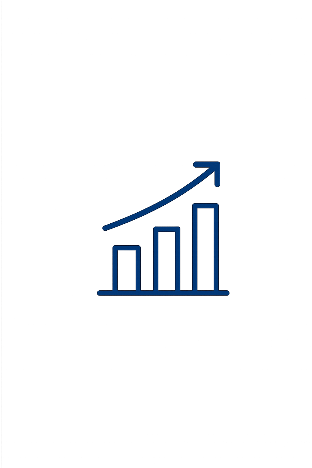Graph with four ascending bar columns and an upward arrow indicating growth.