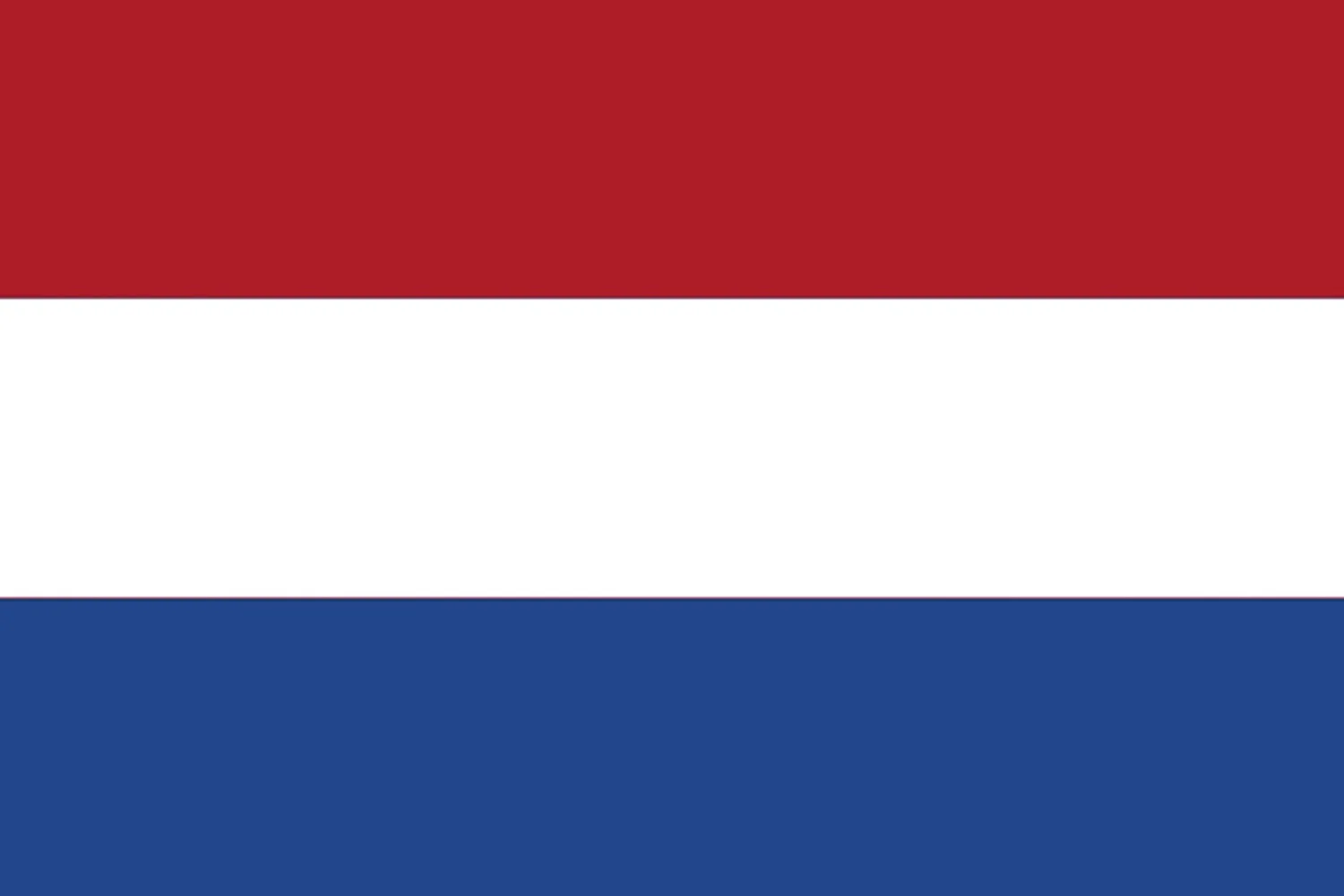 Flag of the Netherlands with horizontal red, white, and blue stripes.