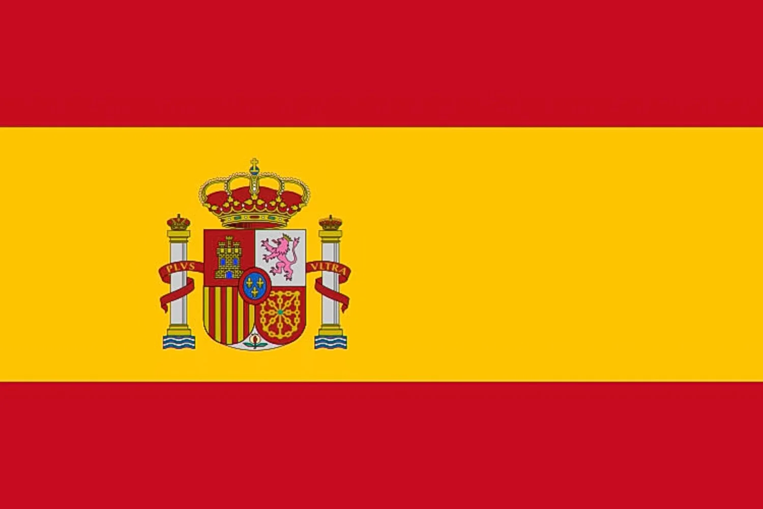 Flag of Spain with red and yellow horizontal stripes and the national coat of arms in the center.