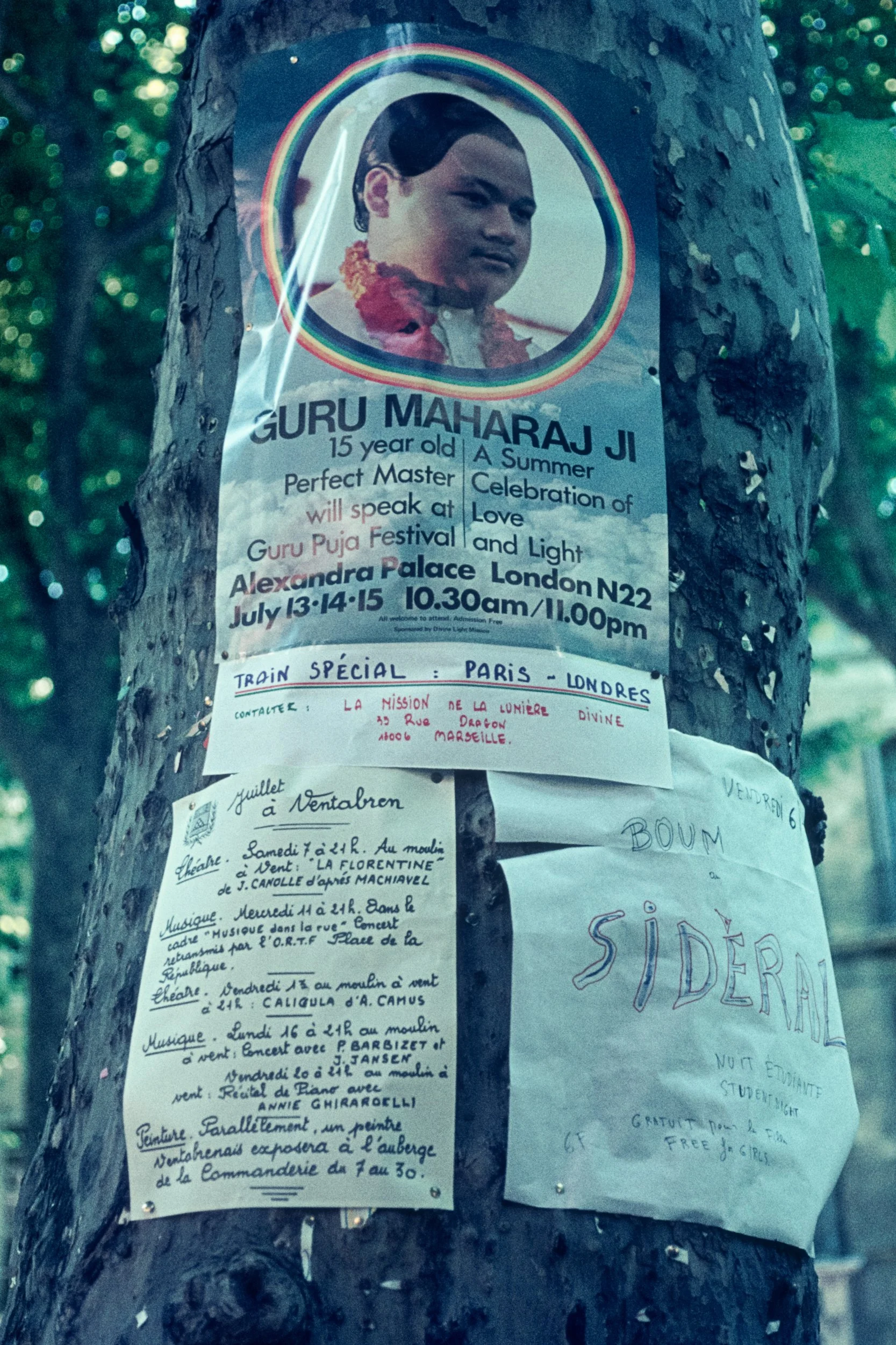 Poster on a tree advertising a speech by Guru Maharaj Ji at Alexandra Palace in London on July 13-15, with additional handwritten notes about various events and activities.
