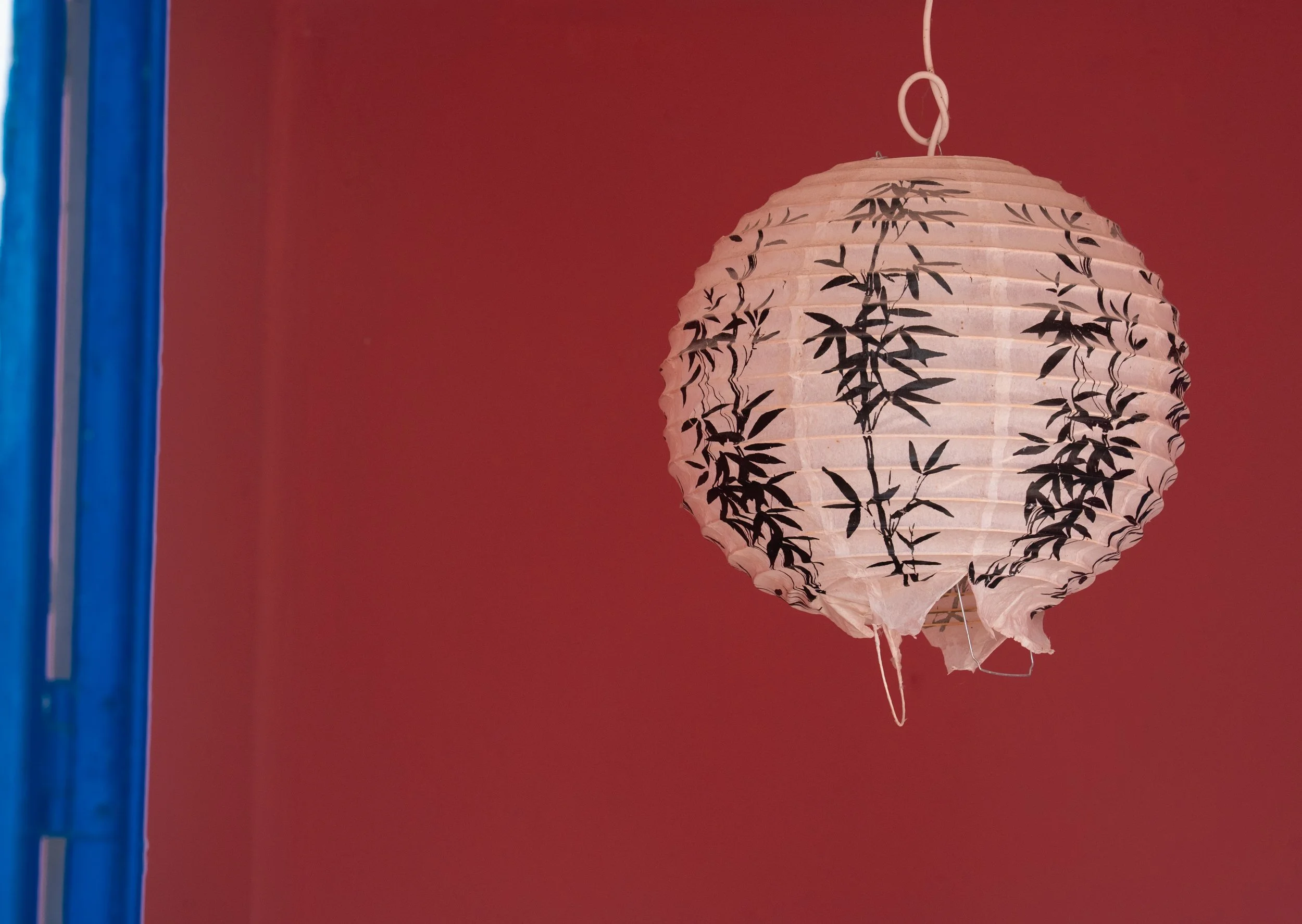 A hanging paper lantern with a bamboo design against a red wall. 
                       Sony A7CII - 135mm