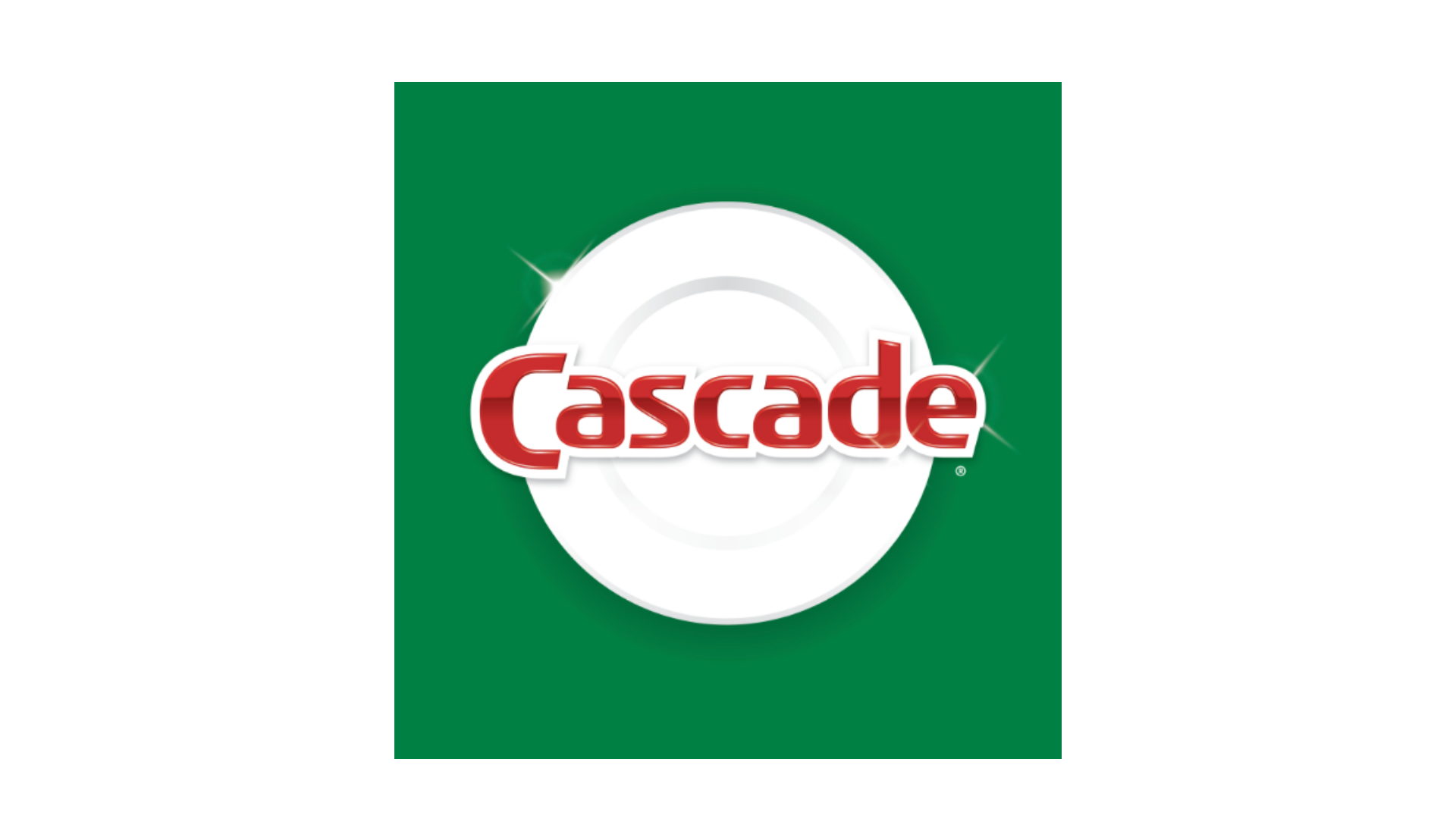 A circle of white laundry detergent with the brand name 'Cascade' written across it in red text, set against a background divided into black and green sections.