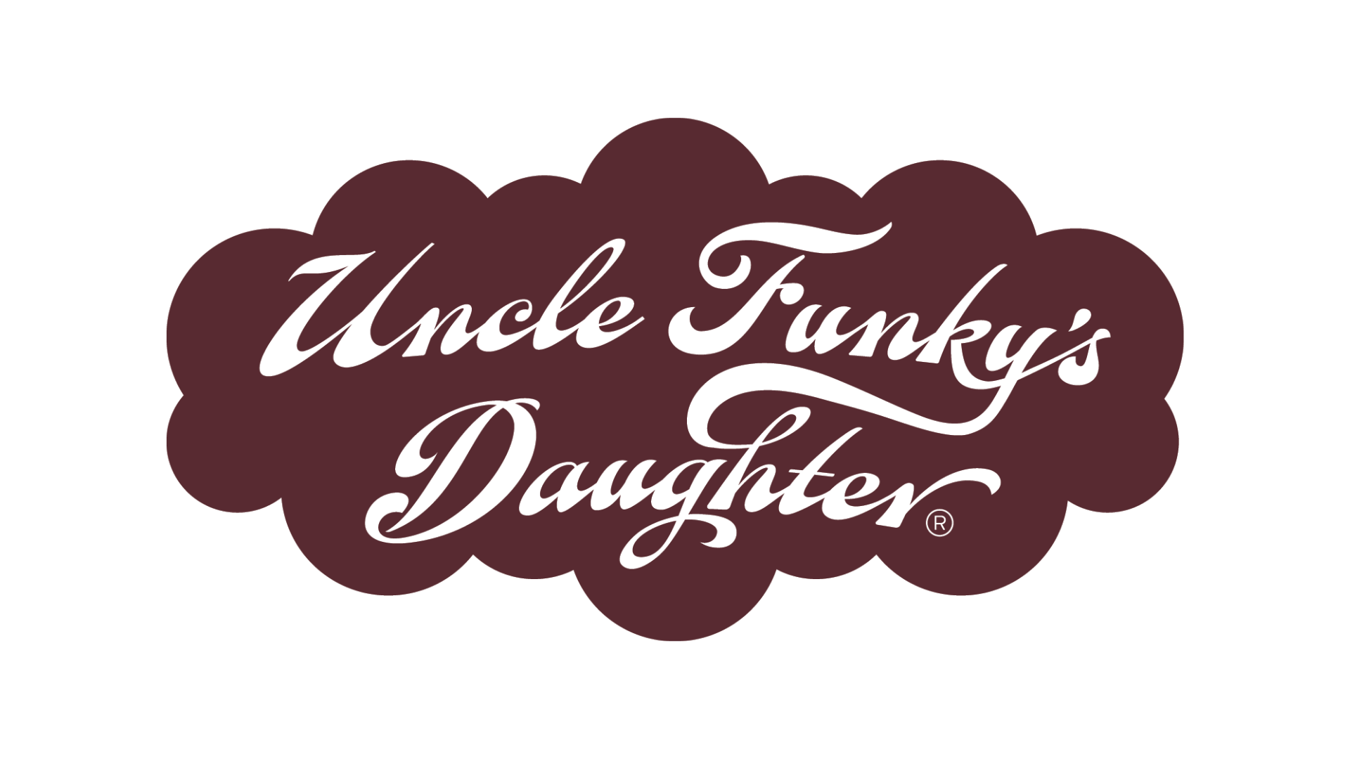 Logo for Uncle Funky's Daughter with white cursive text on a dark brown cloud-shaped background.