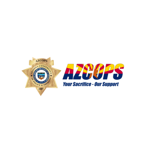 Gold badge with a blue circle in the center featuring the Arizona state seal, surrounded by black text indicating Arizona police and sheriff departments, with a ribbon at the top reading AZCOPS and the year 1997 at the bottom.
