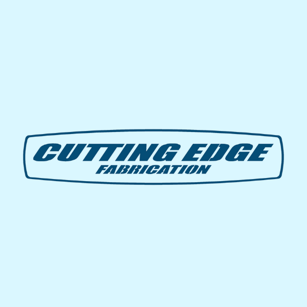 Logo with the words 'Cutting Edge Fabrication' on a light blue background.